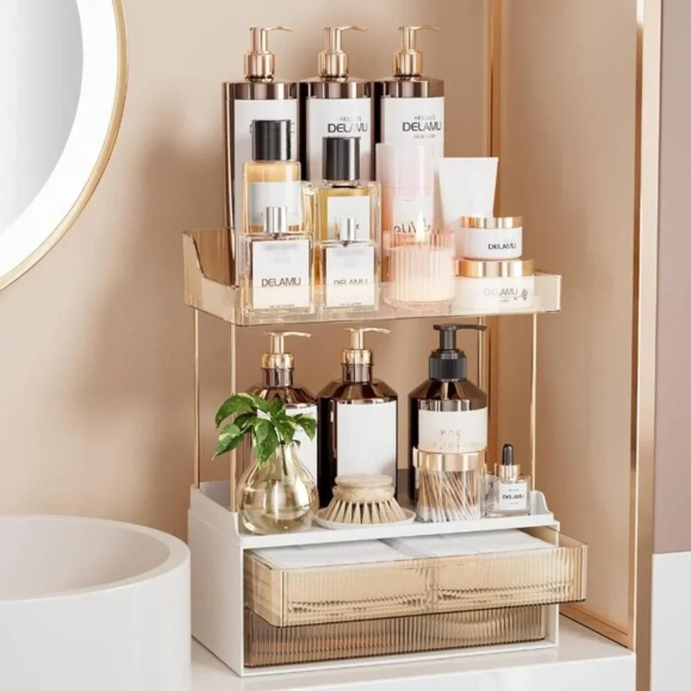 New 2-Tier Bathroom Organizer with Drawers, Amber Countertop Storage for Vanity
